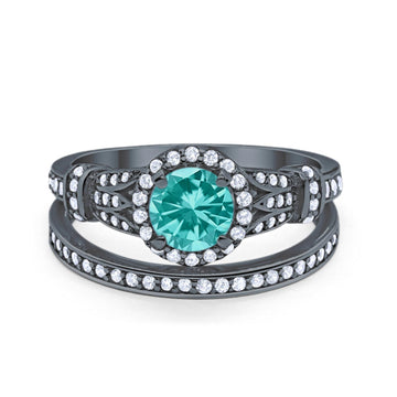 Two Piece Wedding Promise Ring Black Tone, Simulated Paraiba Tourmaline CZ 925 Sterling Silver